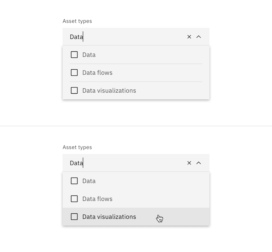 Filterable dropdown typing and filtering open menu.